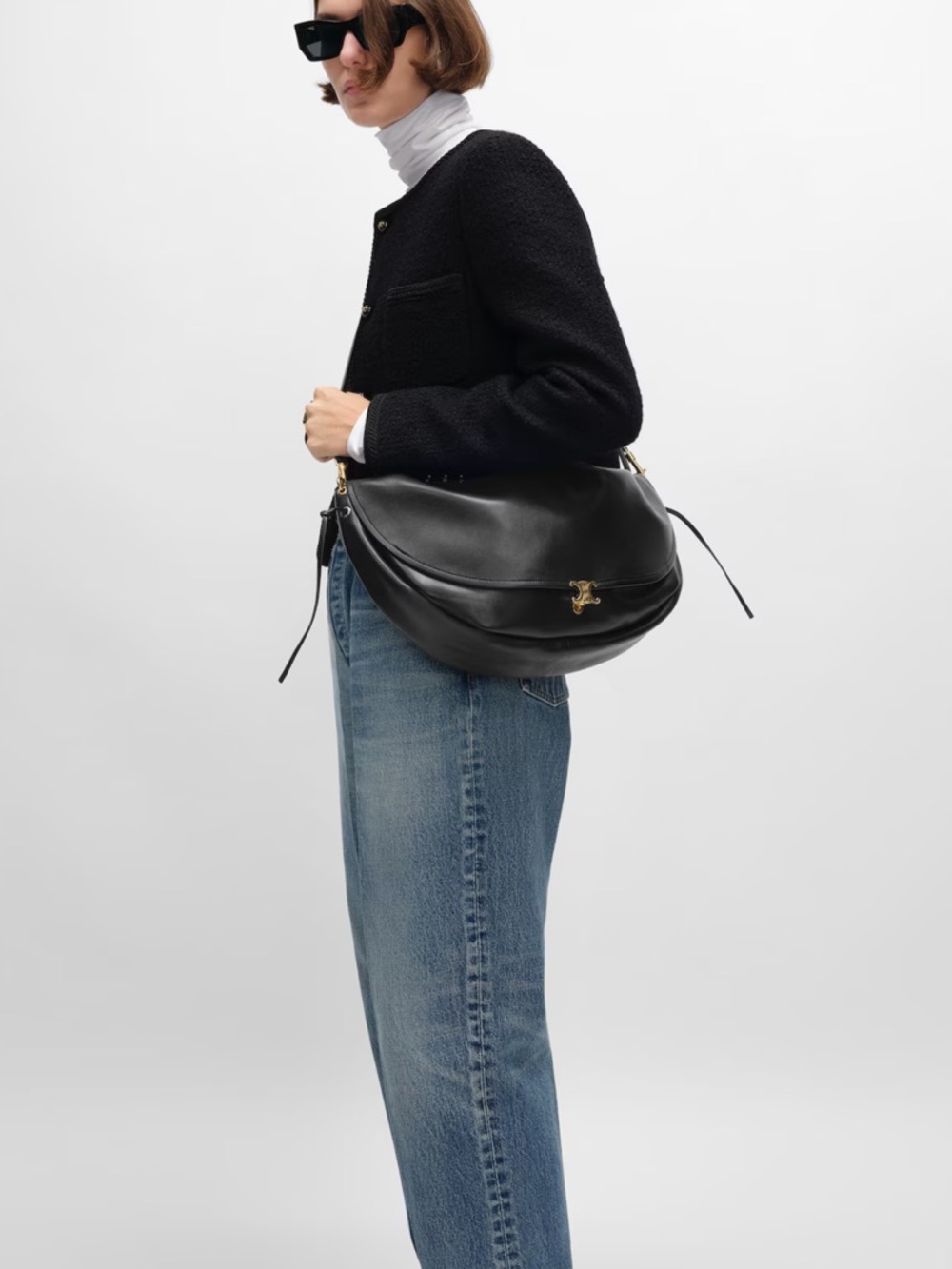 Celine Black Leather halfmoon Shoulder/crossbody Bag with Gold Double C Logo